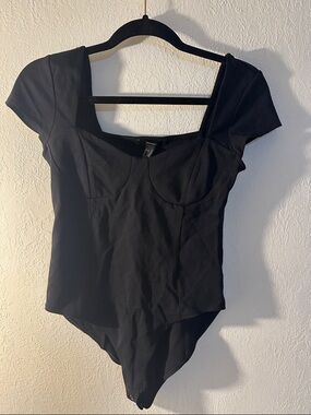 Forever 21 Black Cap-Sleeve Square Neck Bodysuit